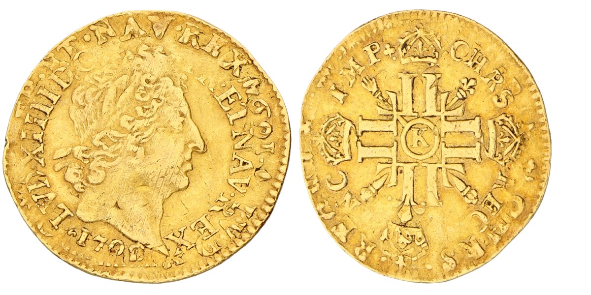 France. Louis XIV. Louis D'or - Struck on a Louis D'or from 1694. 1709. VF -.