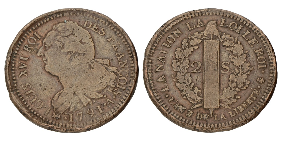 France. Constitutional monarchy. Louis XVI. 2 Sol. 1791 A. VF +.