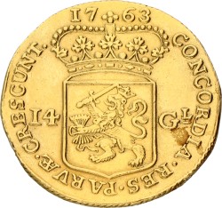 Gouden rijder van 14 gulden. Holland. 1763. Zeer Fraai +.