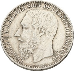 Congo. Free states. Belgian Royal domain. Leopold II. 5 Francs. 1887. VF.