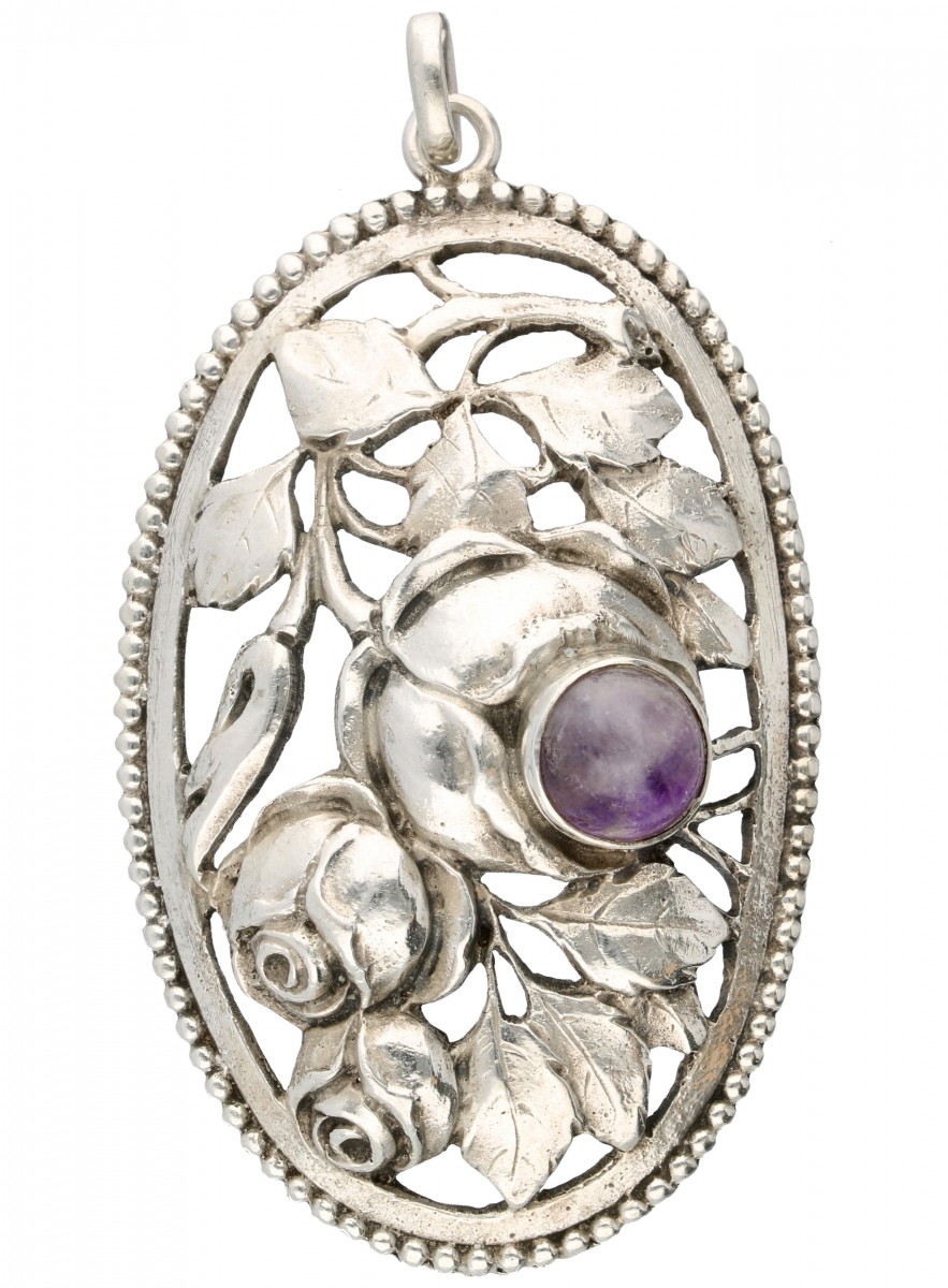 Zilveren Art Nouveau-hanger bezet met bicolor amethist - 800/1000.