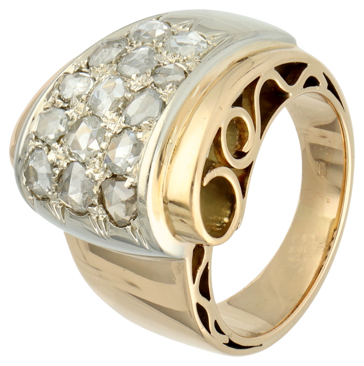 18K Geelgouden asymmetrische retro ring met roos diamant.