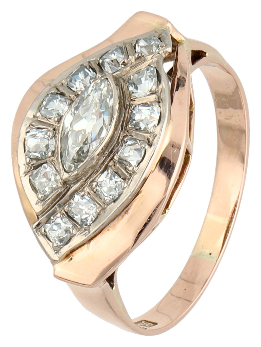 14K Roségouden entourage ring bezet marquise en oud slijpsel diamant.