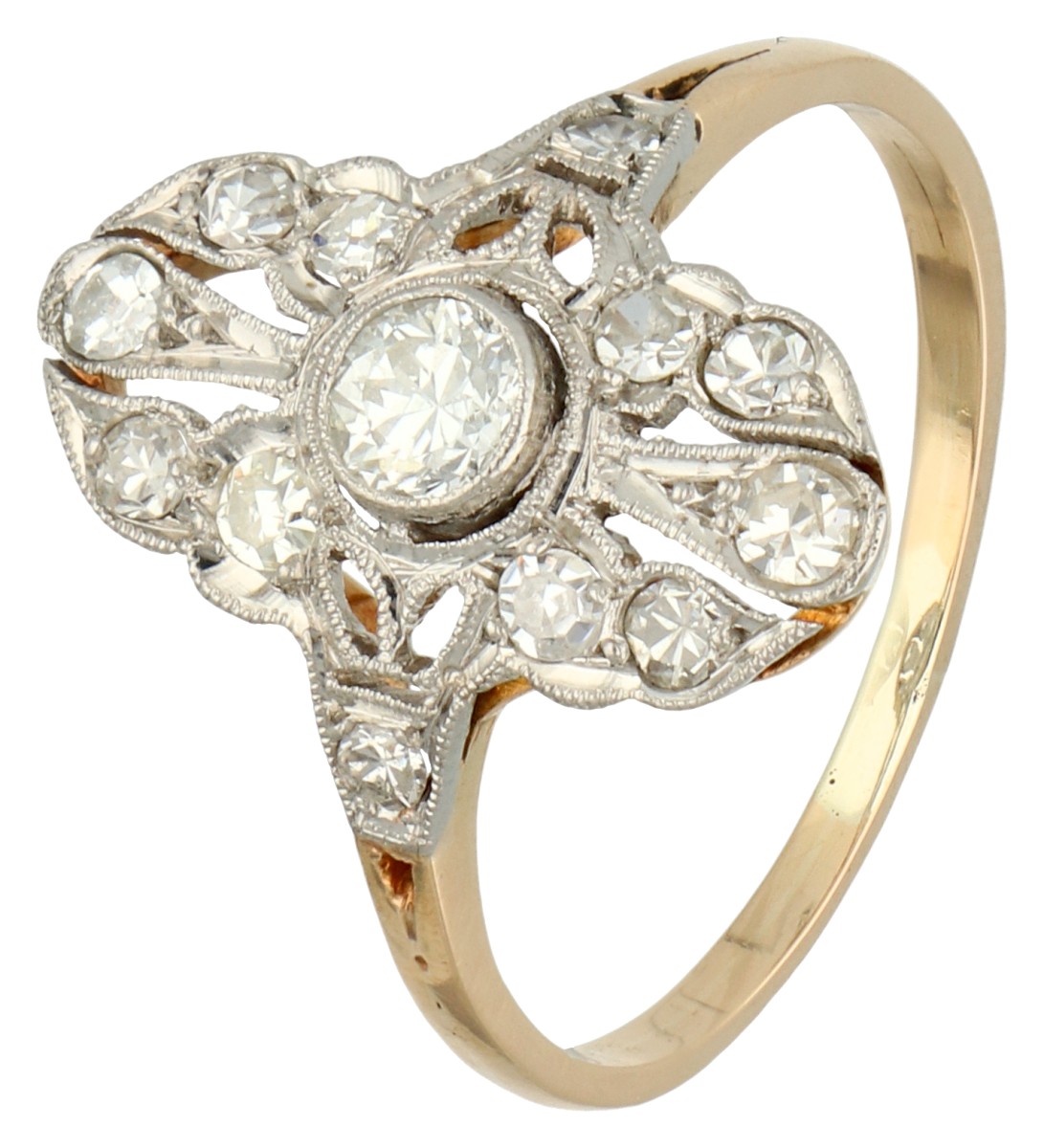 Gouden/platina Art Deco ring met diamant.