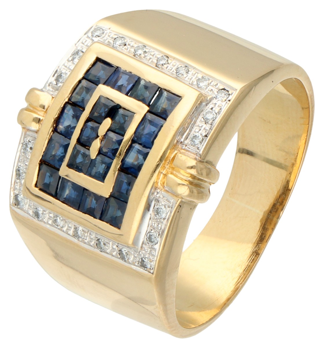 18K Geelgouden ring bezet met ca. 0.22 ct. diamant en saffier.