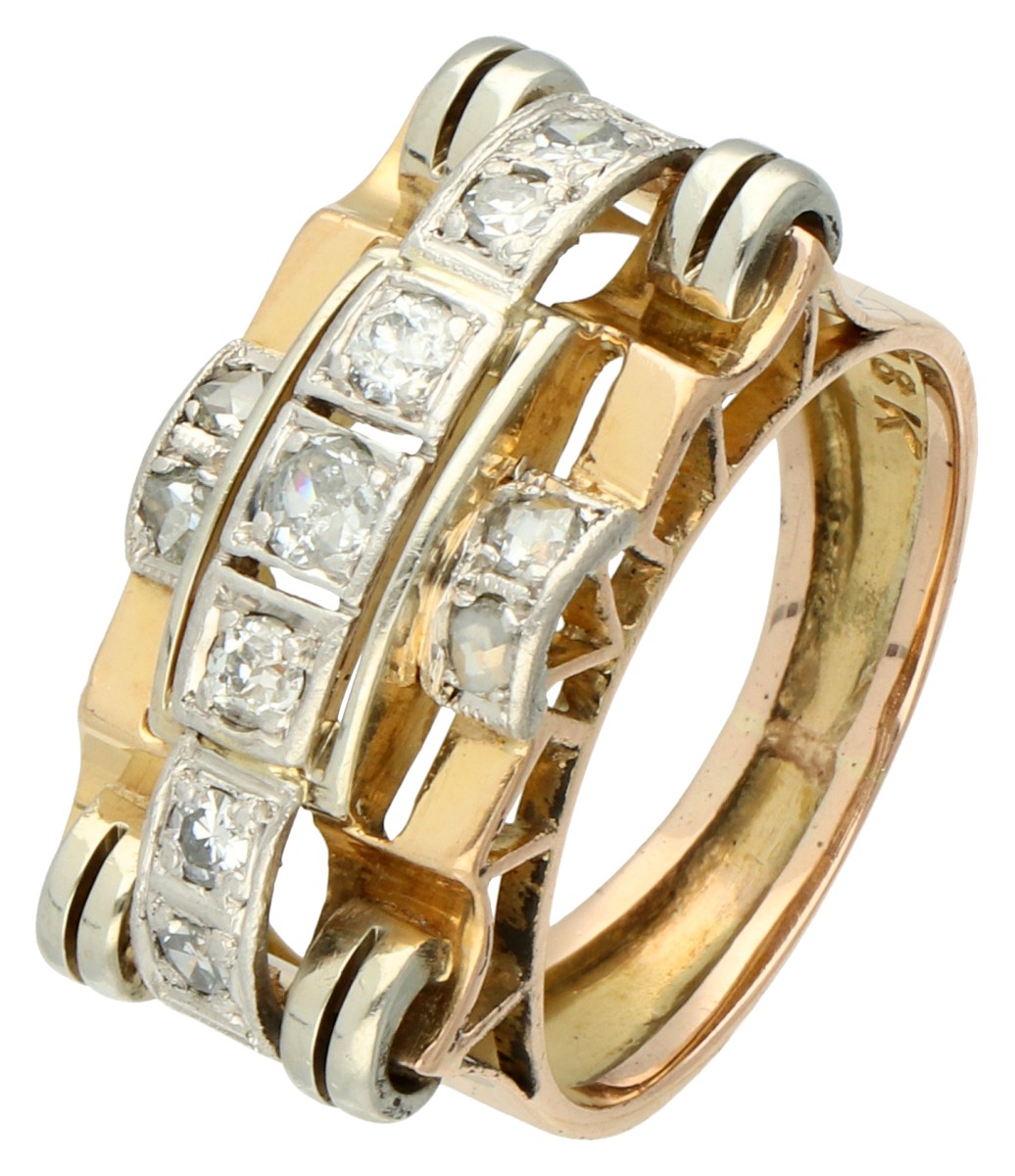 18K Geelgouden retro ring met divers slijpsel diamant