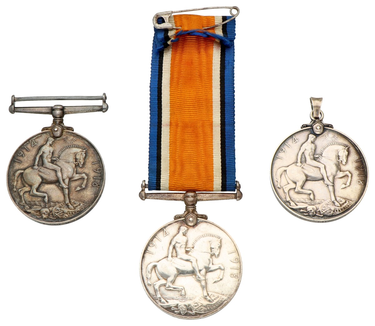 Great Britain. Lot (3) Military medal 1914 - 1918 (1 with ribbon) - Given to 118929 GNR. J. H. Hoskins R. A., 2104 PTE. A.E. Rutland Norf. R. & Belgian agent H. Depas.