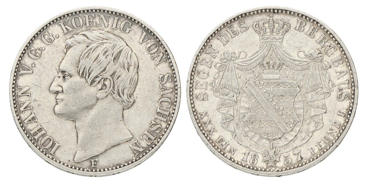 Goudwisselkantoor auction: German states. Saxony. John I. 2 Vereinsthaler. 1857. XF +.
