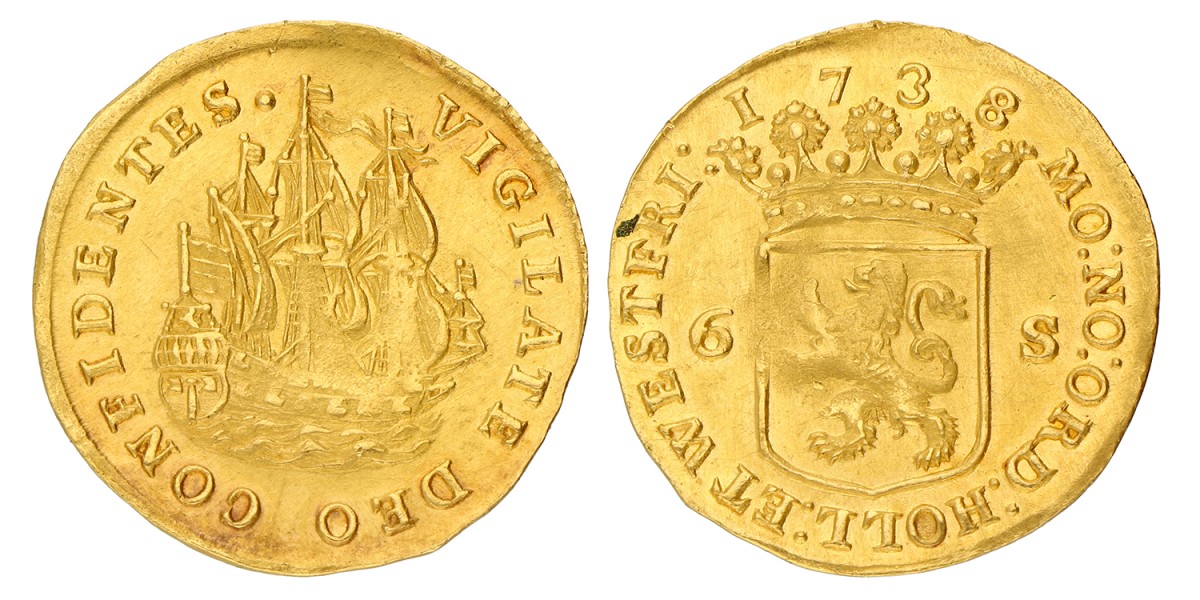 Scheepjesschelling van 6 stuiver. Gouden afslag. Holland. 1738. Zeer Fraai.