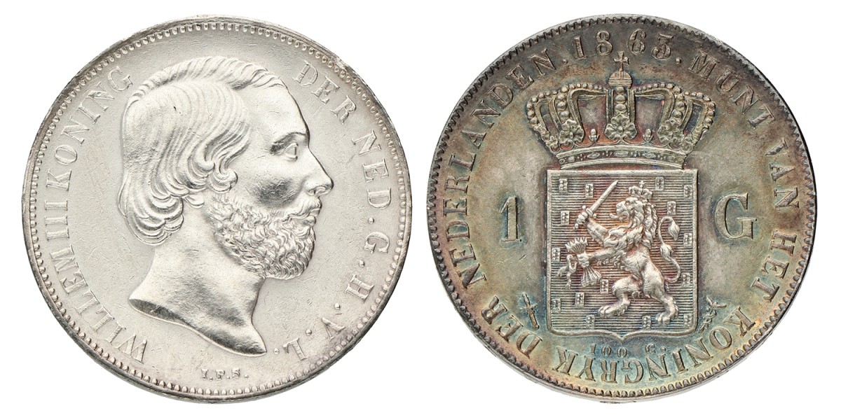 1 Gulden. Willem III. 1863. Prachtig.