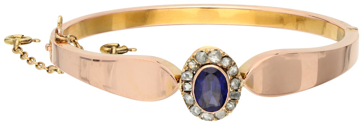 14K Roségouden bangle armband met rozet met doublet saffier en roos geslepen diamanten