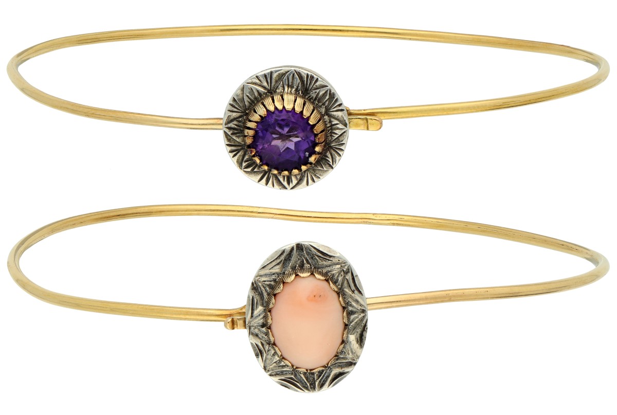 Set 18K geelgouden bangle armbanden met koraal en amethist