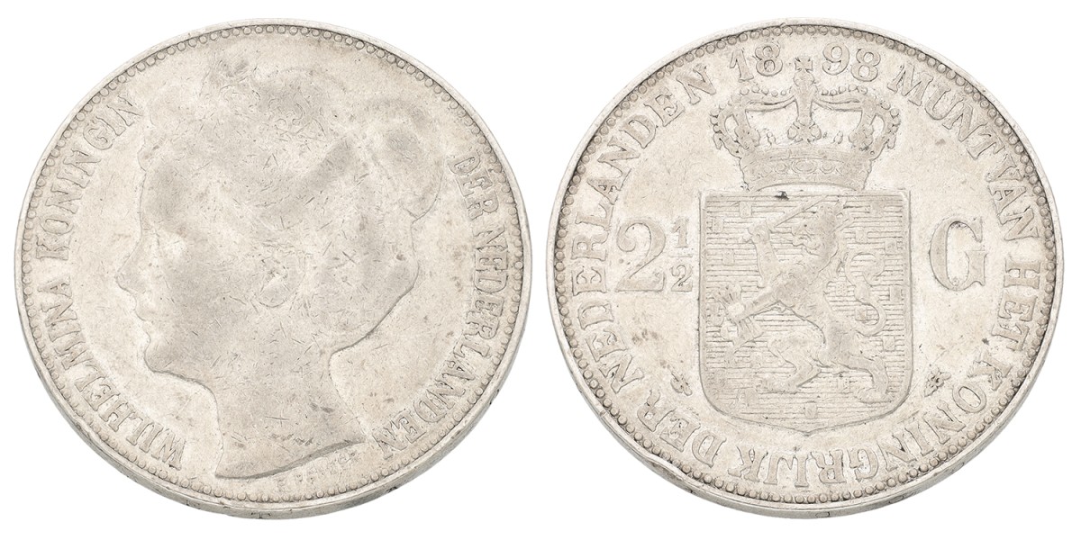 2½ Gulden. Wilhelmina. 1898a met punt. Zeer Fraai.