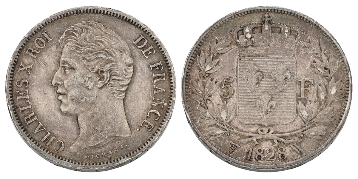 France. Second kingdom. Charles X. 5 Francs. 1828 W. XF -.