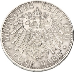 German states. Bavaria. Luitpold. 5 Mark - 90th birthday of the prince regent. 1911. VF / XF.
