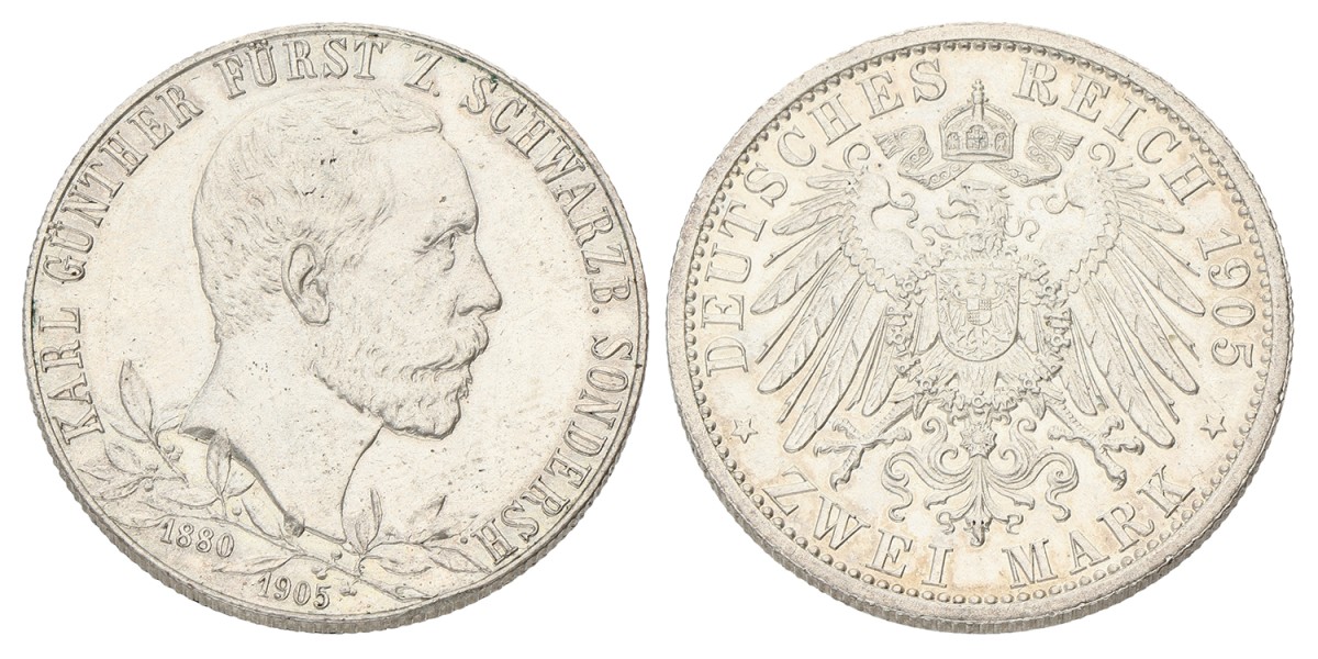 German states. Schwarzburg-Sonderhausen. Karl Günther. 2 mark - 25th anniversary of the reign. 1905. VF / XF.