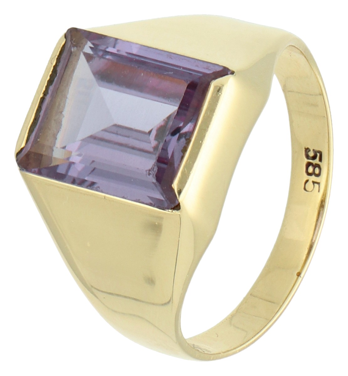 14K Geelgouden ring met synthetisch paars saffier.