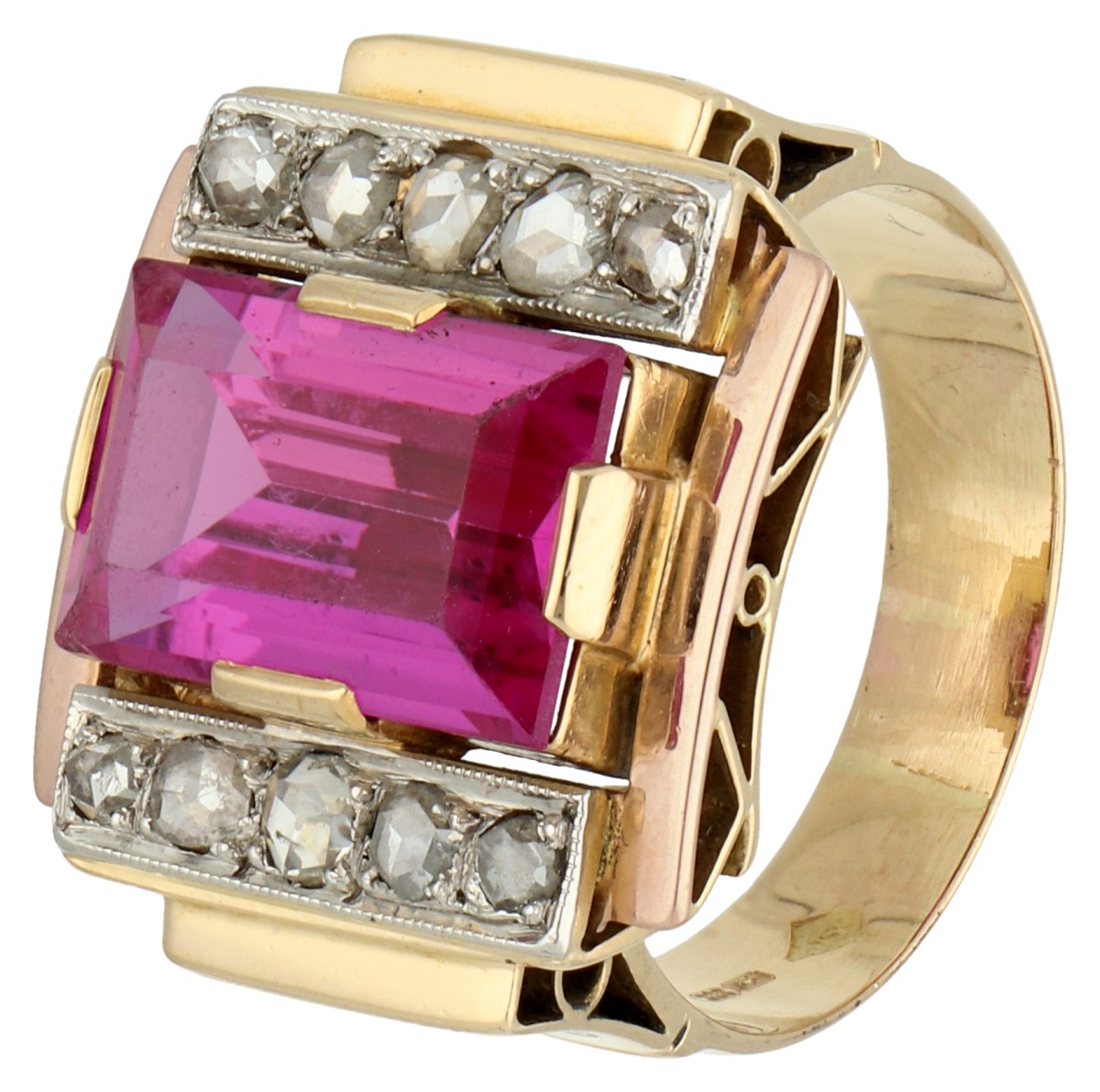 18K Geelgouden retro ring met synthetisch saffier.