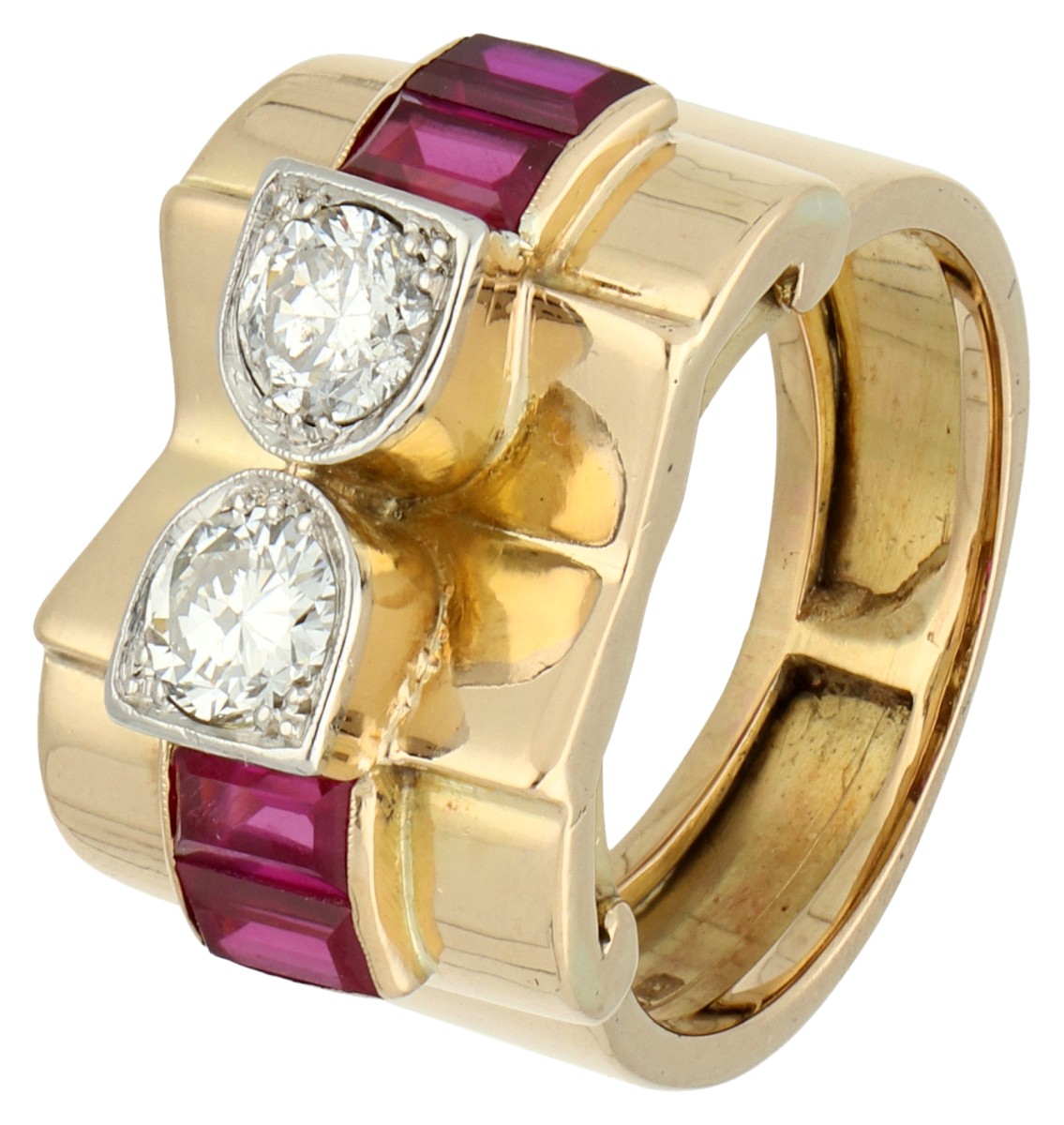 18K Geelgouden retro ring met ca. 0.62 ct. diamant en synthetisch saffier.