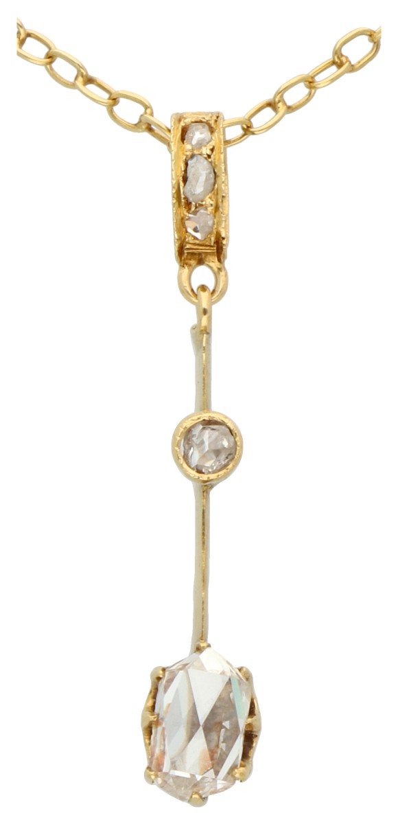 14K Geelgouden collier met hanger bezet met diamanten.