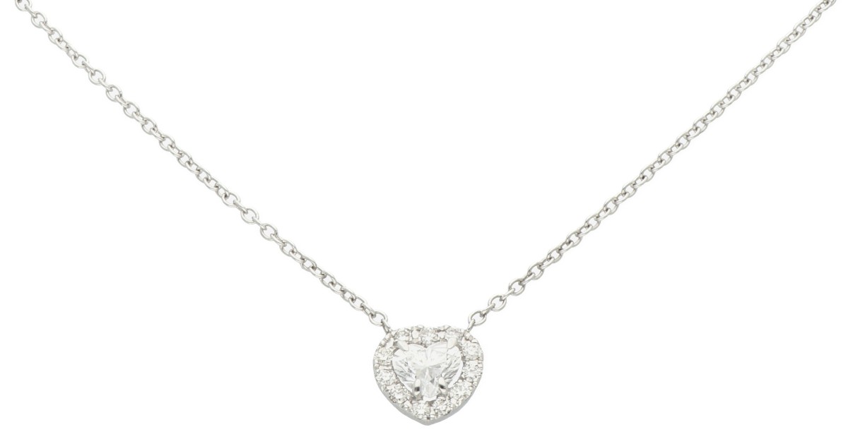 18K Witgouden collier met hartvormige diamanten hanger van ca. 0.35 ct.