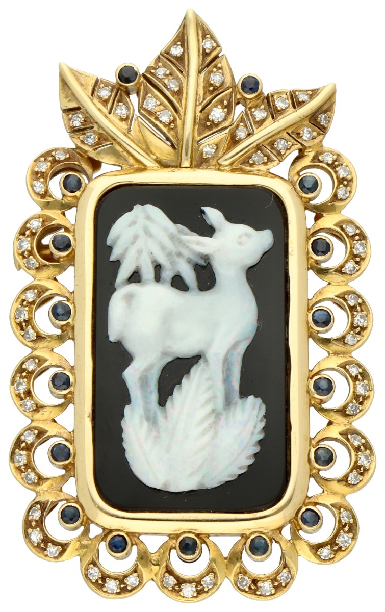 14K Geelgouden multifunctionele broche/hanger bezet met onyx en opaal.