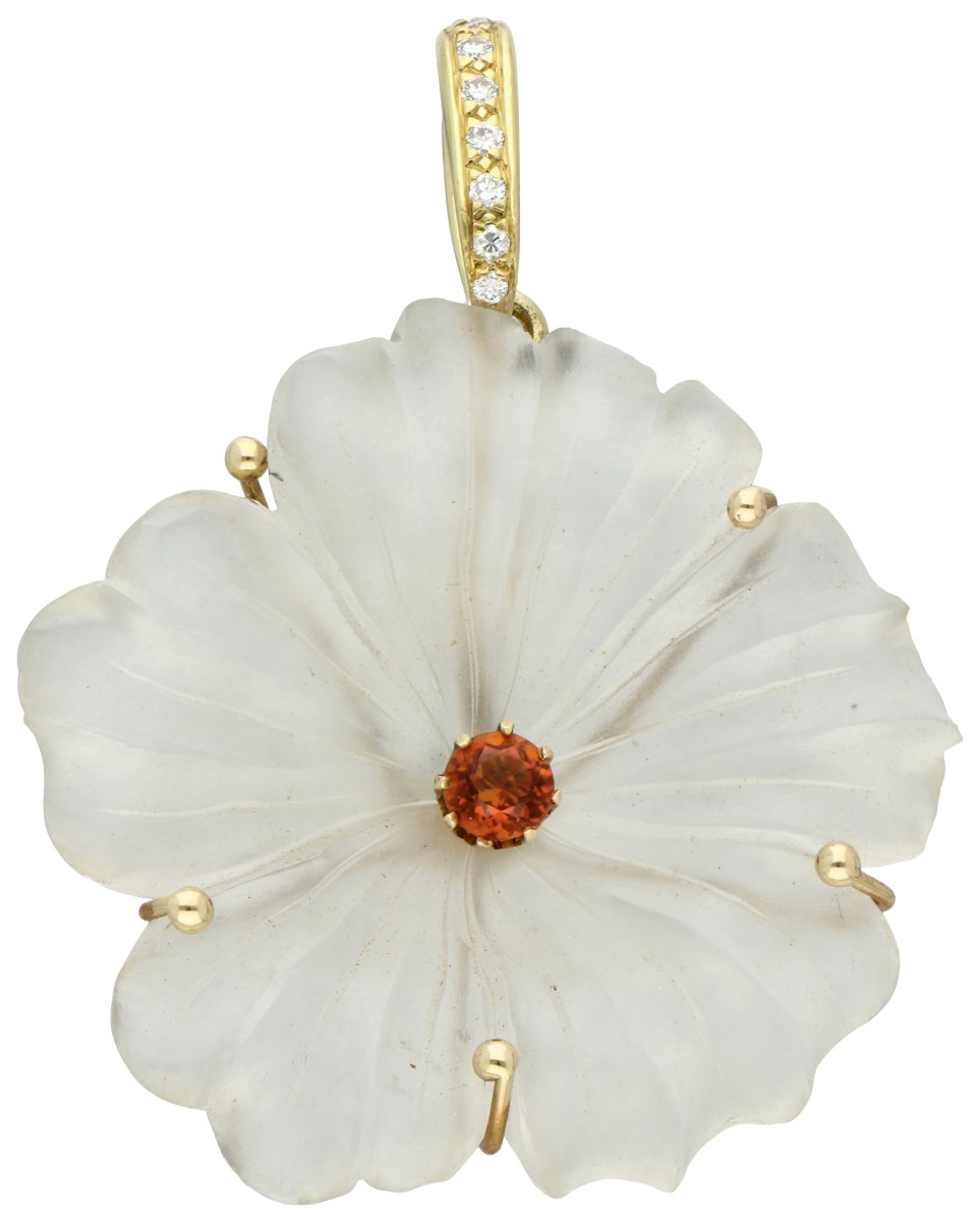 14K Geelgouden hanger van een bloem bezet met ca. 0.07 ct. diamant