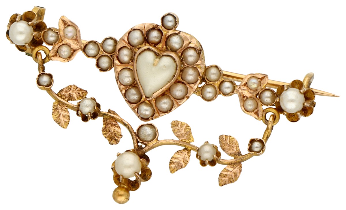 14K Roségouden antieke sweetheart brooch met glasparels.