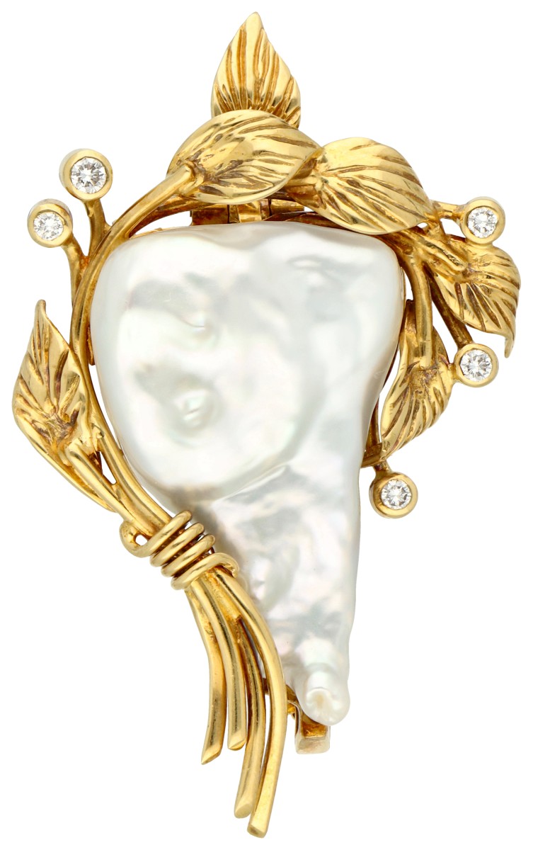 18K Geelgouden multifunctionele hanger/broche met diamant en cultivé barokparel.