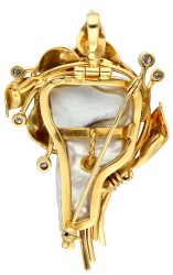 18K Geelgouden multifunctionele hanger/broche met diamant en cultivé barokparel.