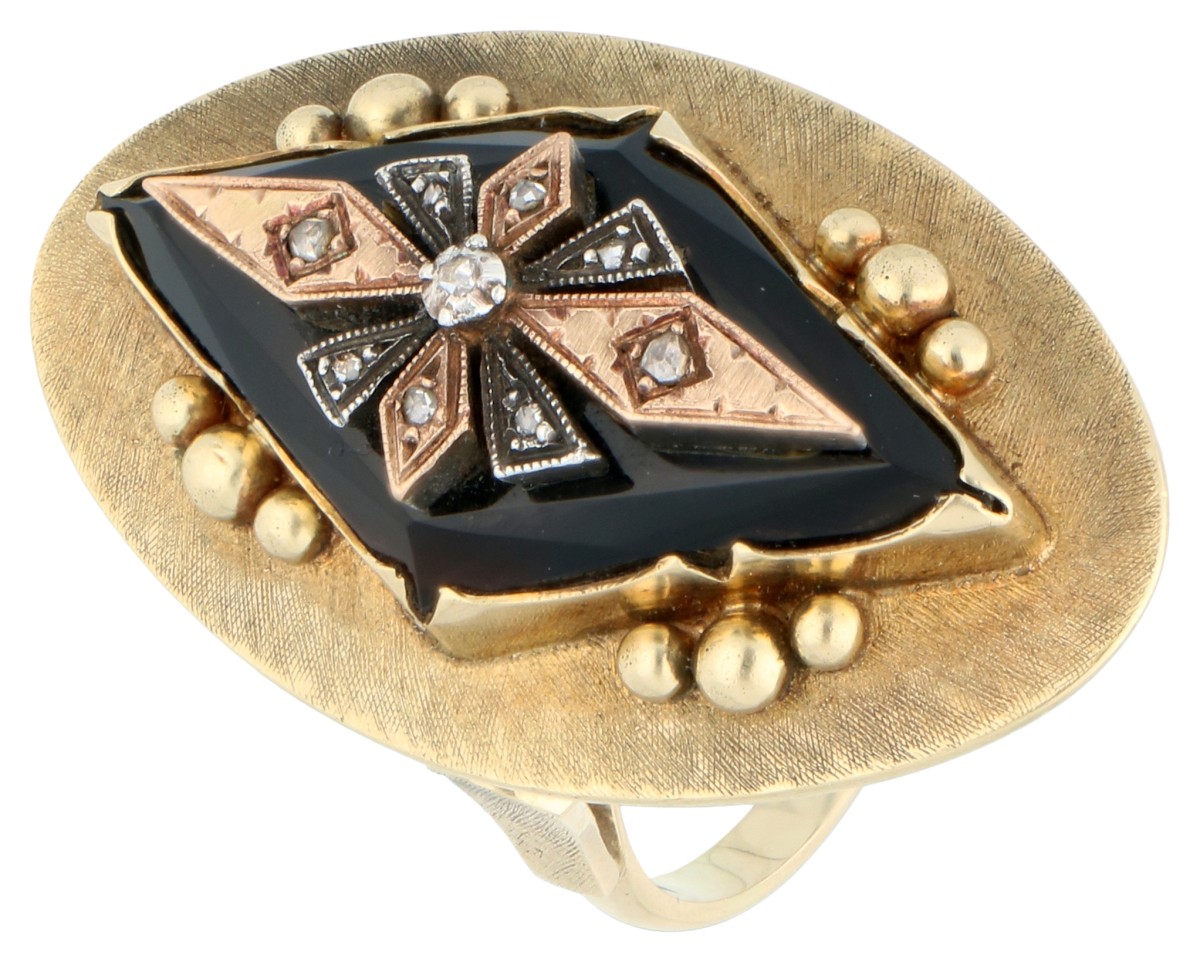 14K Geelgouden ring met onyx en diamant