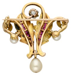 14K geelgouden broche bezet met ca. 0.33 ct. diamant, cultivé parel en robijn
