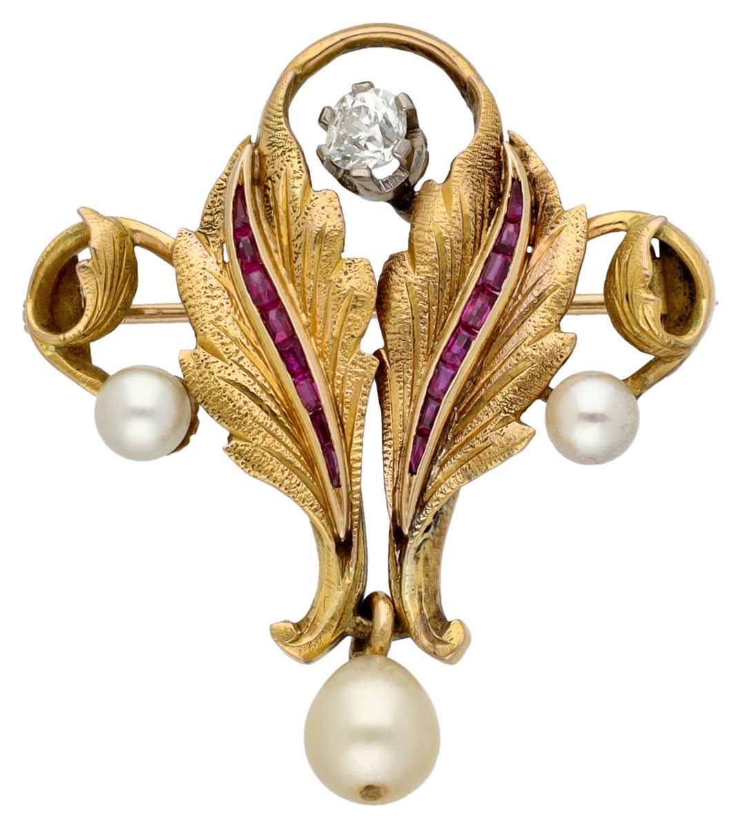 14K geelgouden broche bezet met ca. 0.33 ct. diamant, cultivé parel en robijn