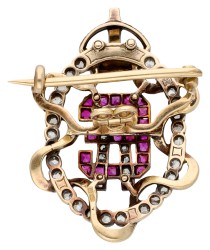 14K gouden/zilveren victoriaans monogram broche met diamant en robijn