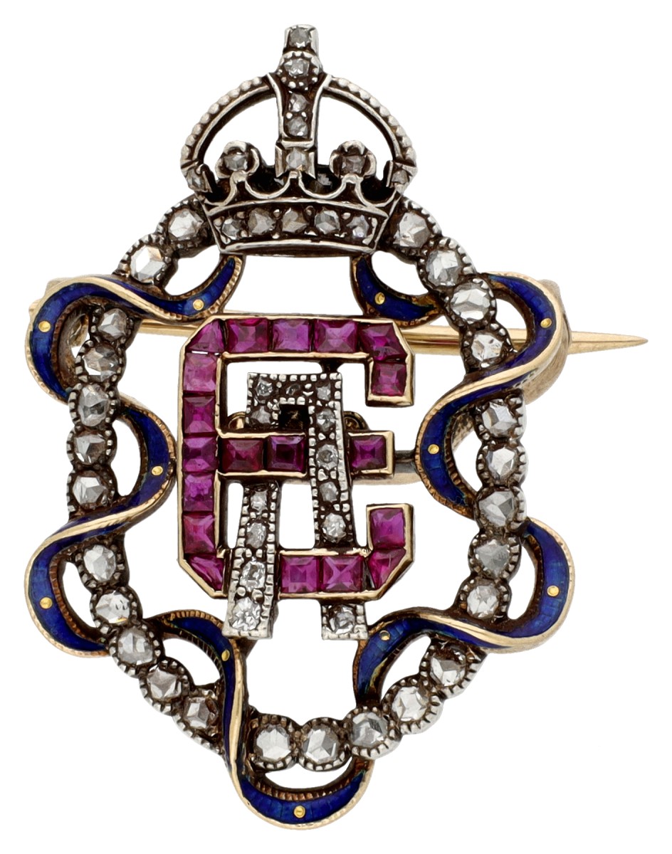 14K gouden/zilveren victoriaans monogram broche met diamant en robijn