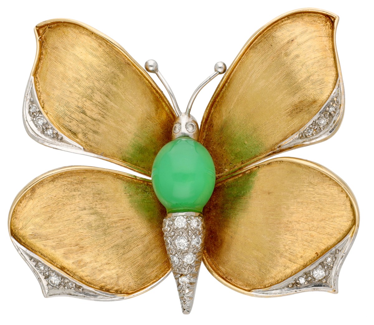 18K geelgouden vlinder broche bezet met chrysopraas en diamanten