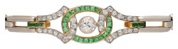 Gouden/platina Art Deco schakelarmband met diamant en smaragd