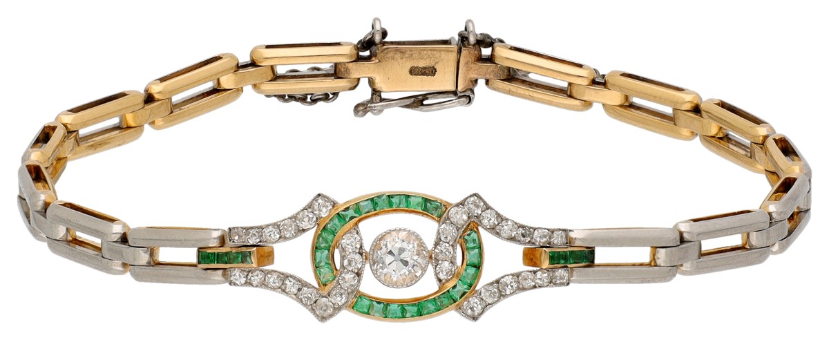 Gouden/platina Art Deco schakelarmband met diamant en smaragd