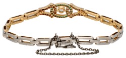 Gouden/platina Art Deco schakelarmband met diamant en smaragd