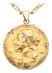 Art Nouveau collier met medaillon bezet met diamant.