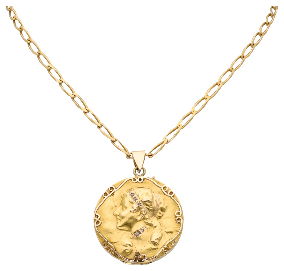 Art Nouveau collier met medaillon bezet met diamant