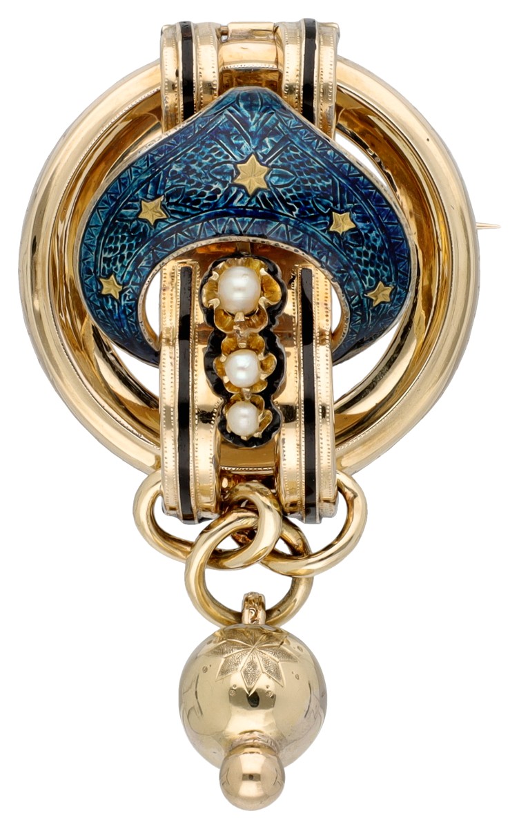 BWG Geelgouden broche met cultivé parels en emaille