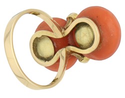 14K geelgouden ring bezet met bloedkoraal en cultivé parels
