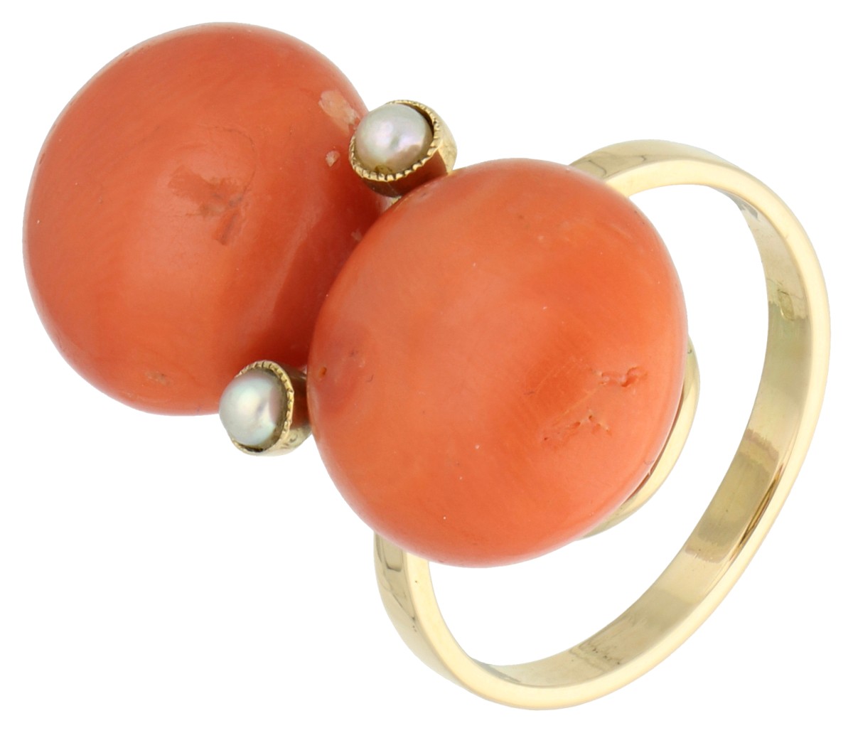 14K geelgouden ring bezet met bloedkoraal en cultivé parels