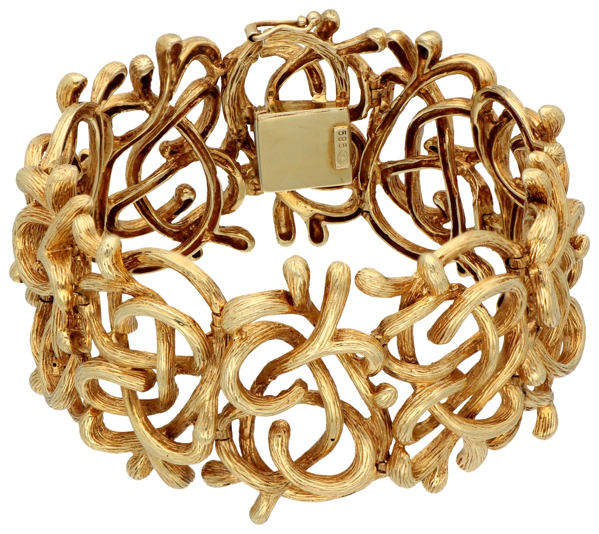 14K geelgouden vintage schakelarmband met boomschorsmotief. 