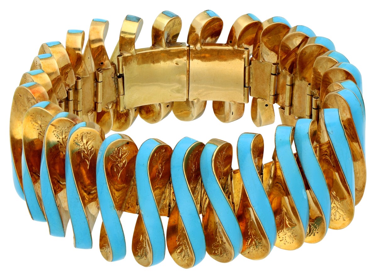 18K geelgouden schakelarmband bezet met emaille. 