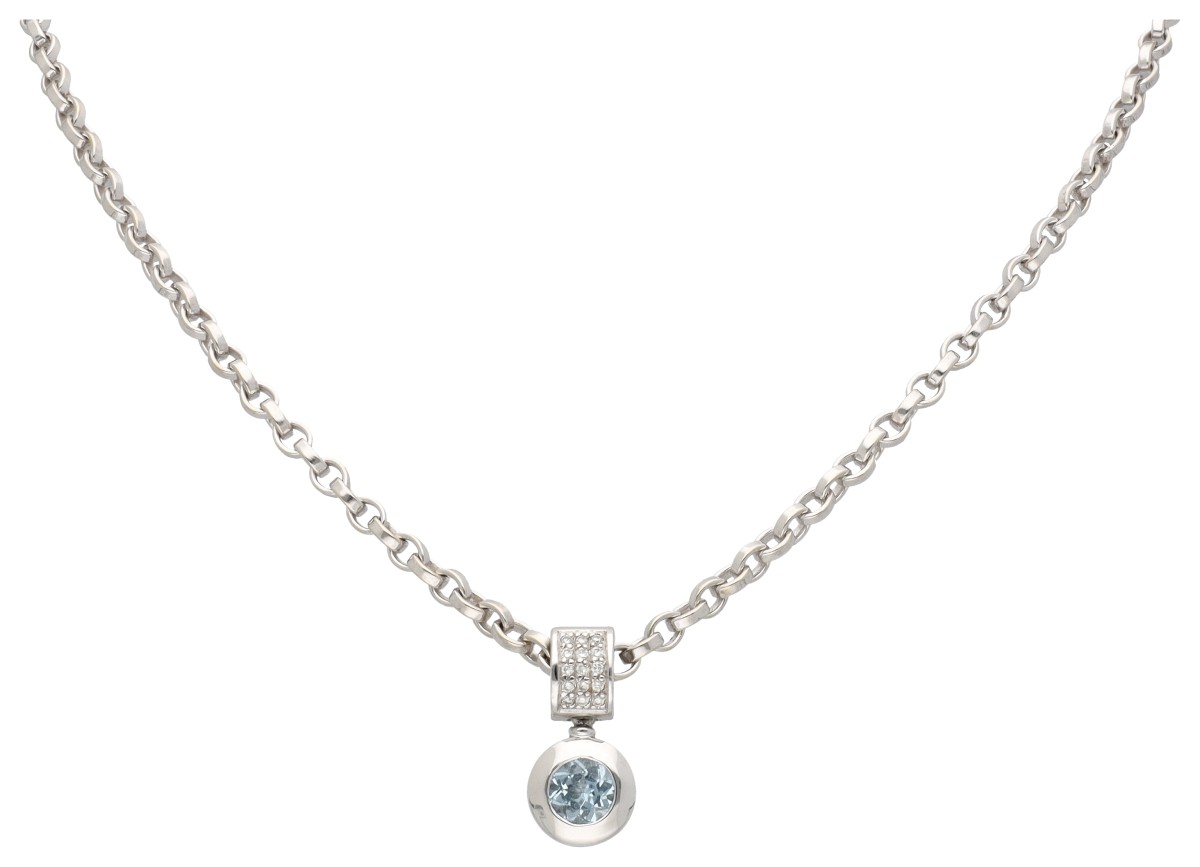 Bron 14K witgouden collier met hanger bezet met ca. 0.06 ct. diamant en spinel