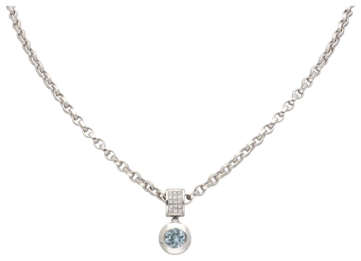 Bron 14K witgouden collier met hanger bezet met ca. 0.06 ct. diamant en spinel.