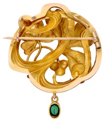 14K geelgouden Art Nouveau broche/hanger bezet met ca. 0.25 ct. granaat.