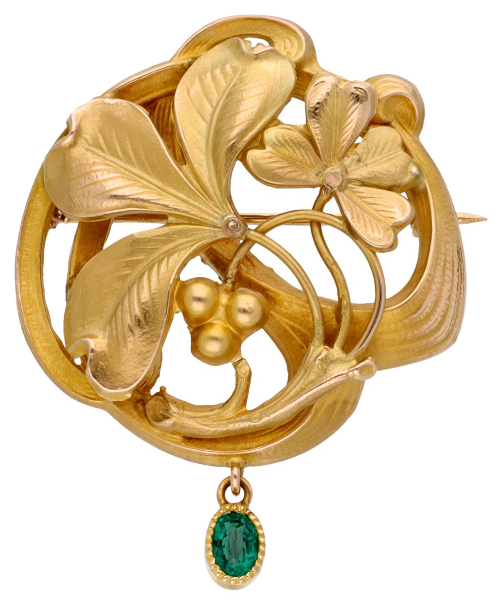 14K geelgouden Art Nouveau broche/hanger bezet met ca. 0.25 ct. granaat.